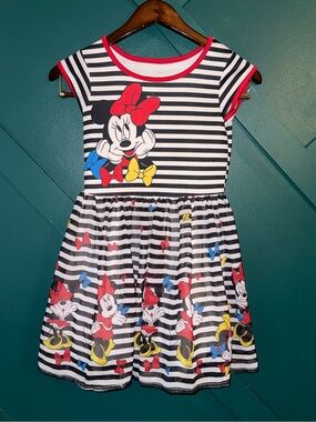 Disney Minnie Mouse Black White Stripe Dress Red Bow Girls Twirl Dress